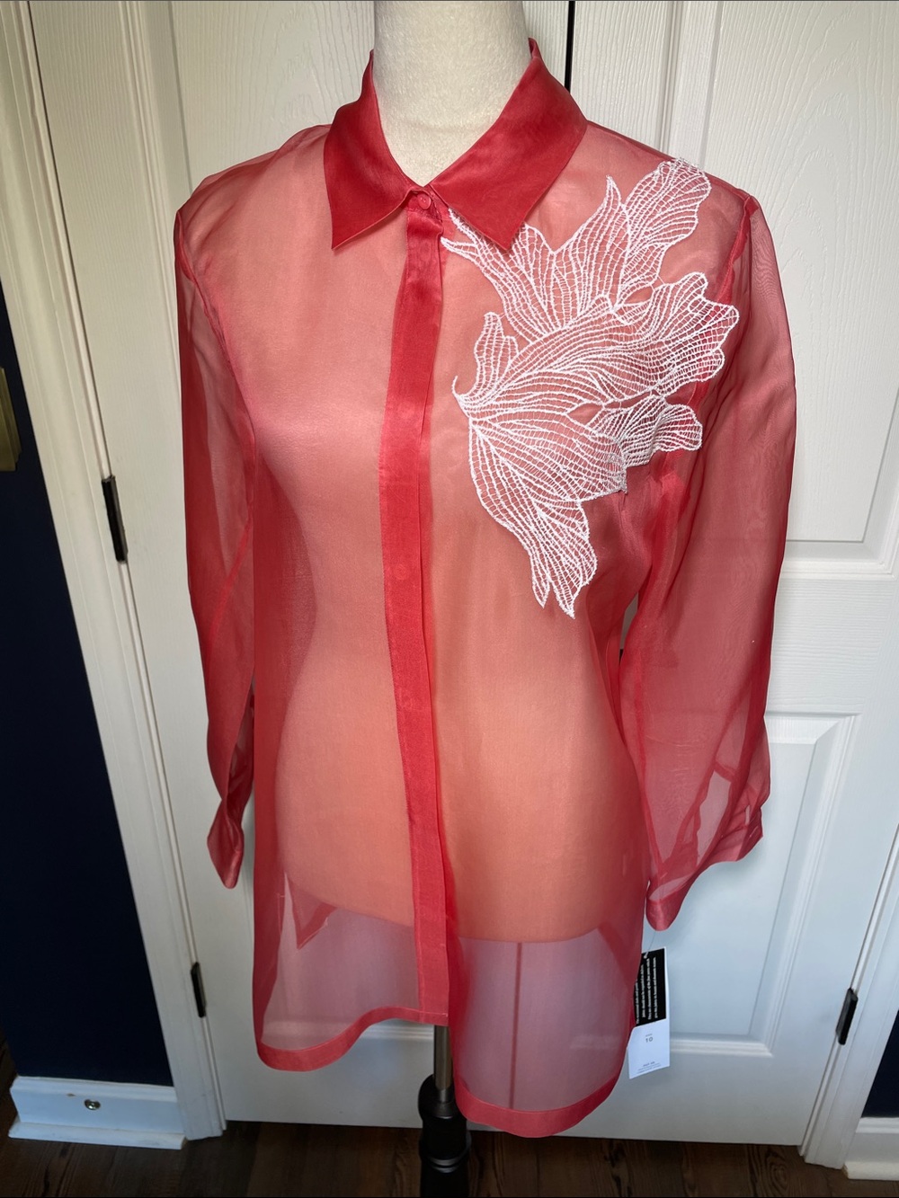 NWT Vintage Silk Josephine Chaus Sheer Button-Down Blouse Floral Applique Sz 10
